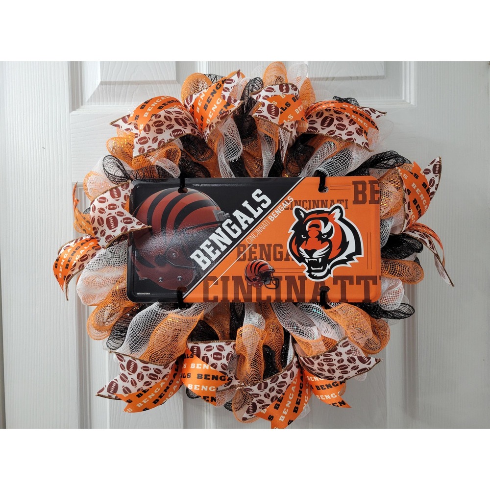 Cincinnati Bengals Wreath Football Door Wall Decor Orange Black Deco Mesh 20in